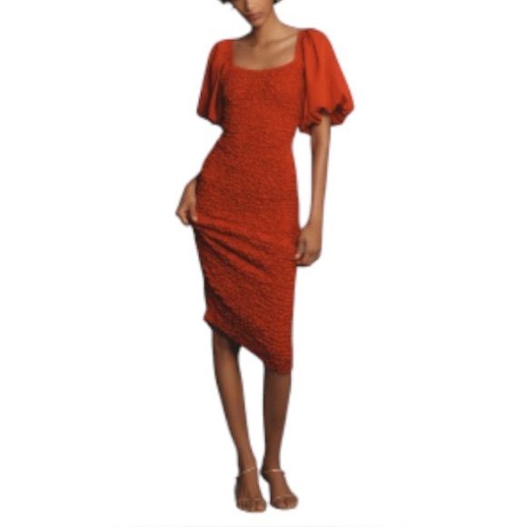 dolan Dresses & Skirts - Anthropologie Dolan Red Puff Sleeve Pebble Smocked Ruched Midi Dress Size XS